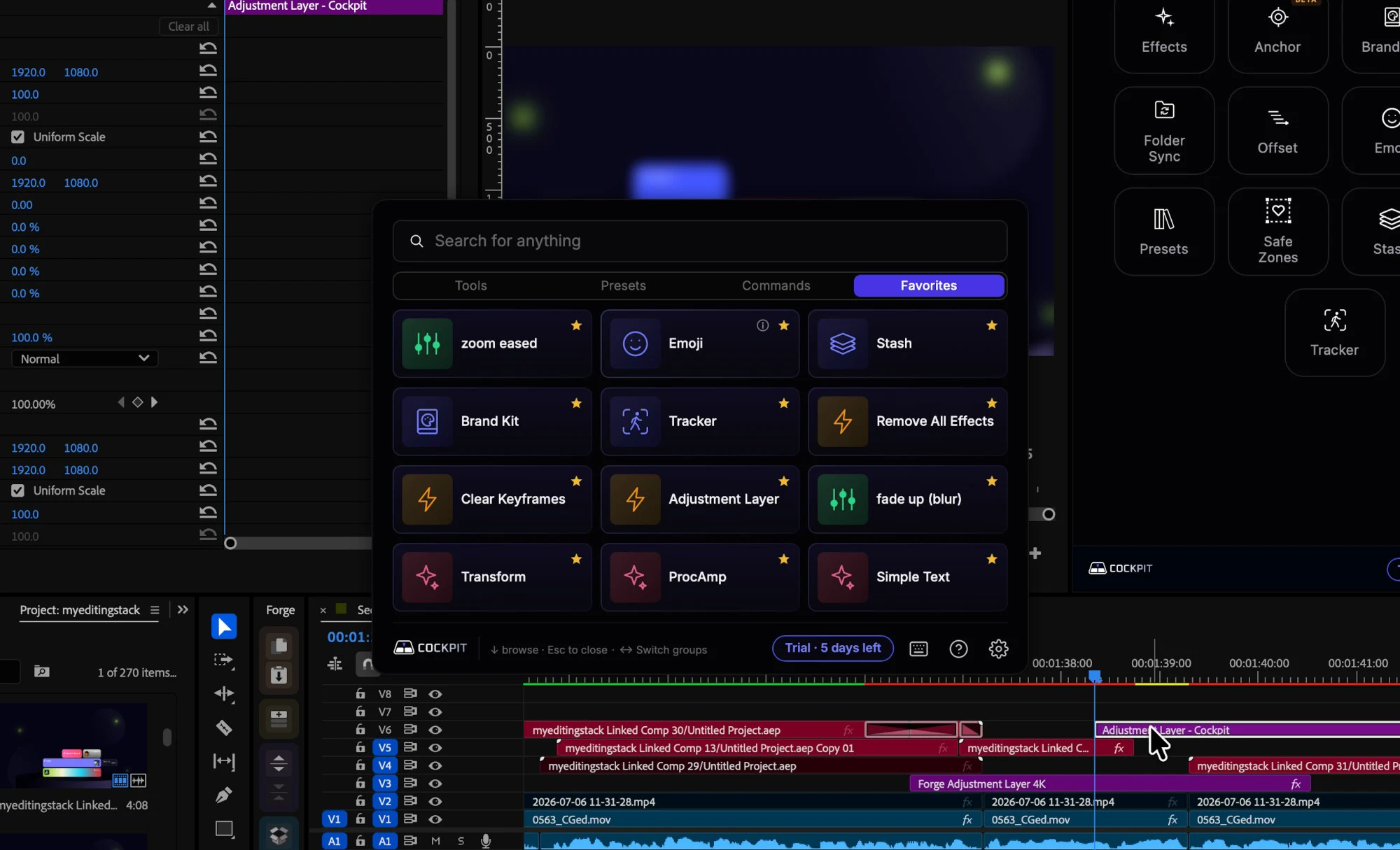 Premiere Pro with the Cockpit palette open over the timeline and the Cockpit panel docked on the right
