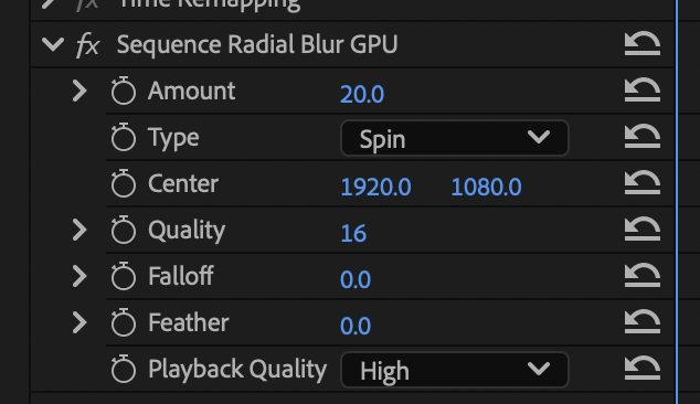 Radial Blur GPU controls: amount, type, center, quality, falloff, feather and playback quality