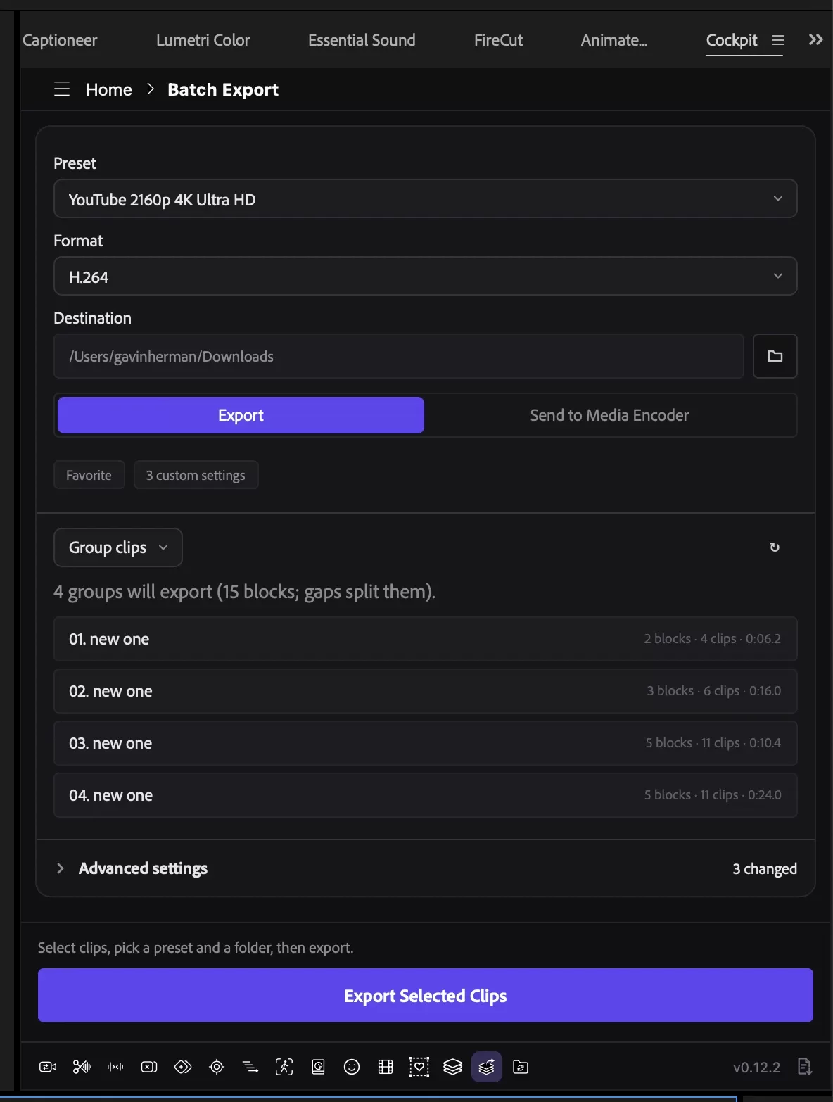 Cockpit's Batch Export panel in Premiere Pro with a YouTube 4K preset, H.264 format, and four clip groups ready to export