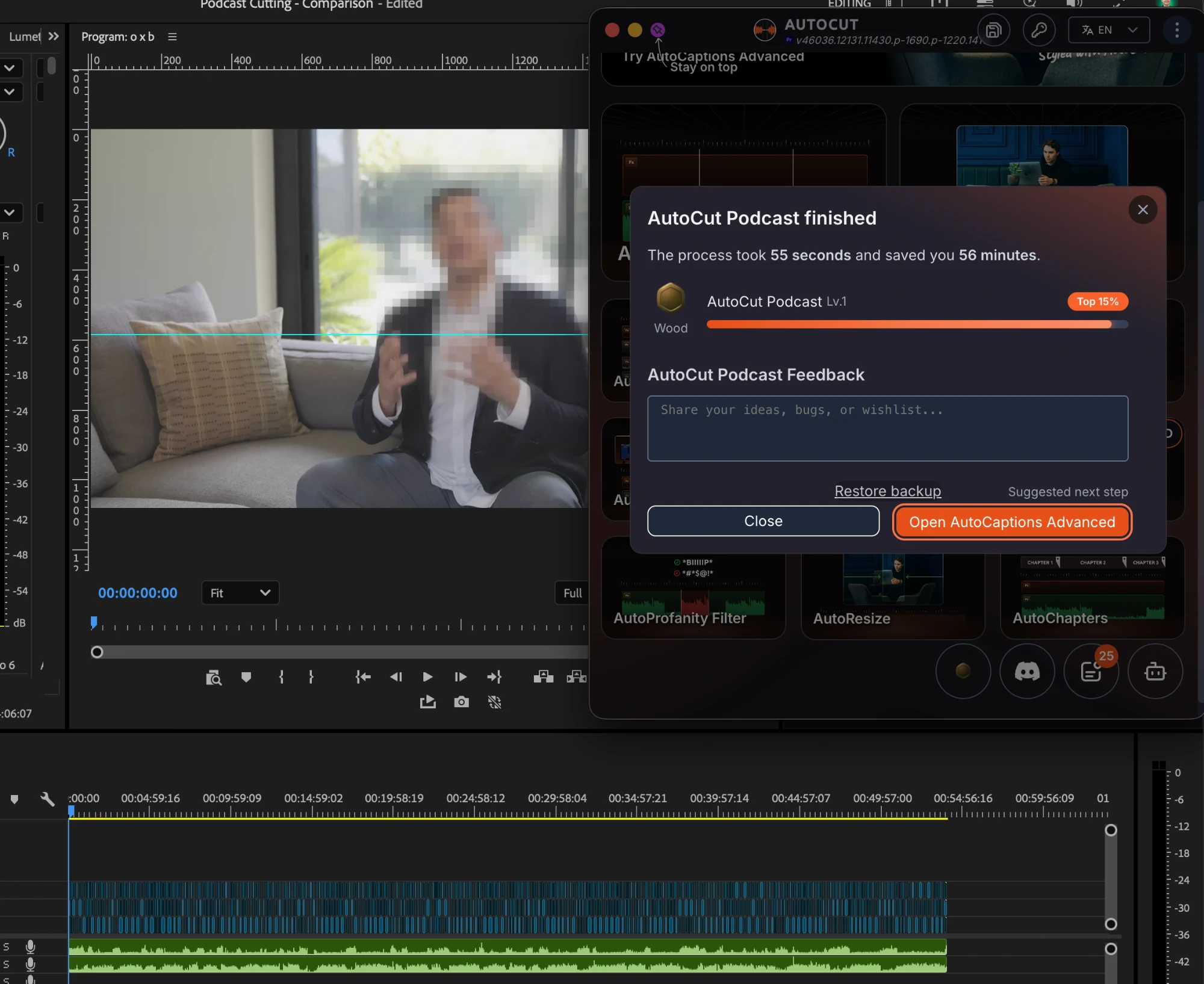 AutoCut's separate app over Premiere Pro, reporting that AutoCut Podcast finished in 55 seconds