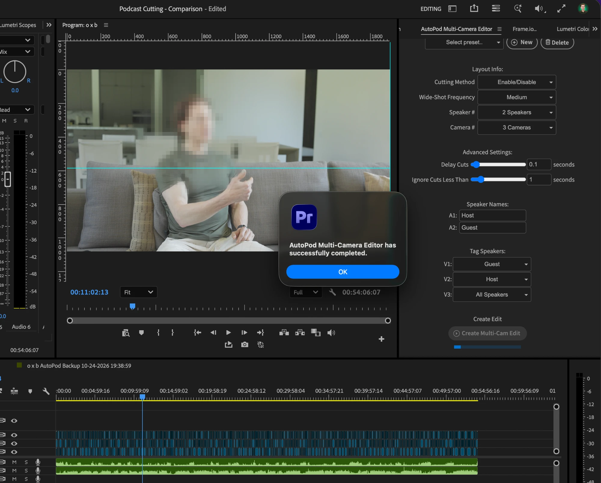 AutoPod's Multi-Camera Editor in Premiere Pro, with its layout, timing and speaker settings, after finishing the edit