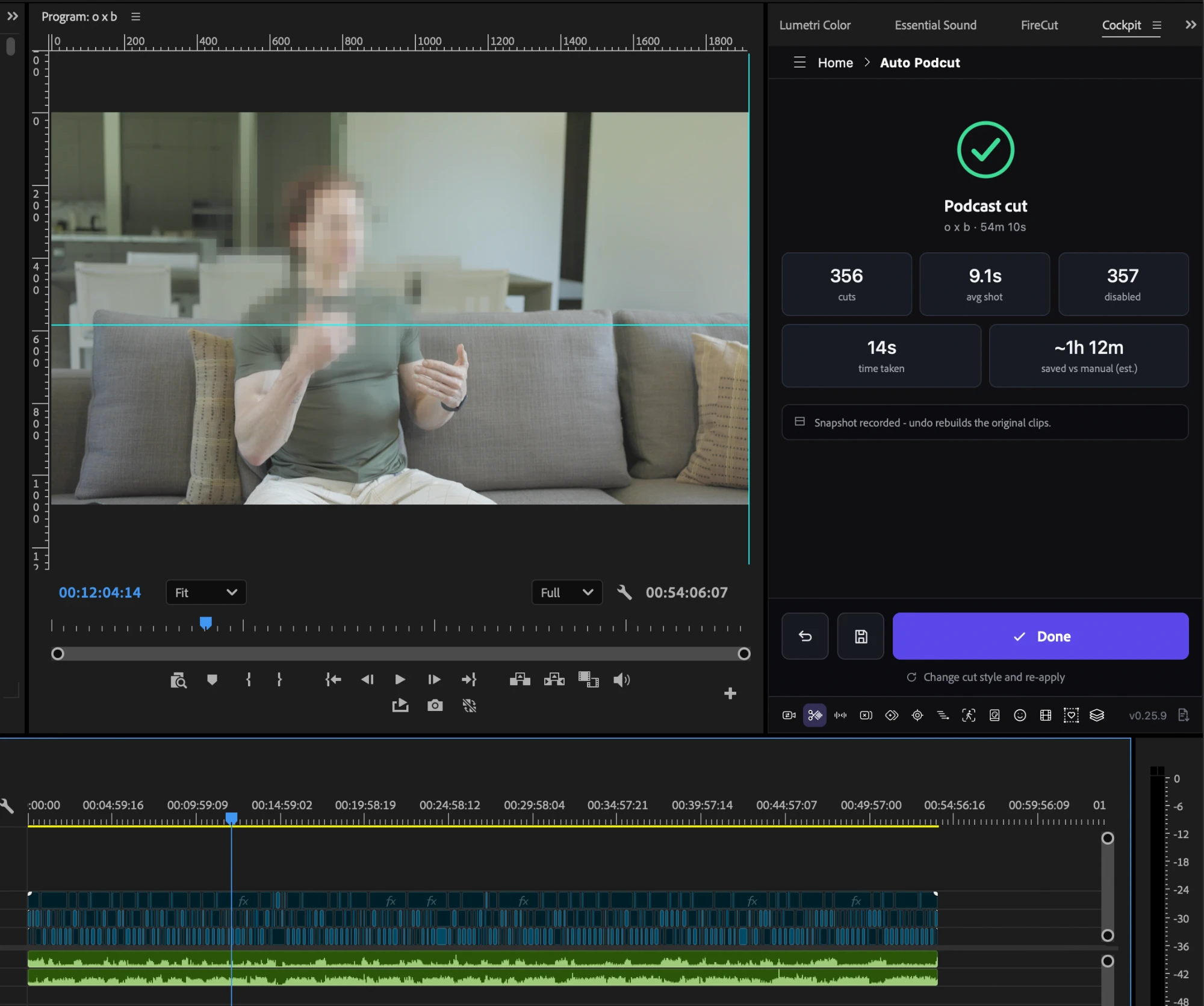 Cockpit's Auto Podcut in Premiere Pro after cutting a 54-minute podcast: 356 cuts, a 9.1 second average shot, finished in 14 seconds