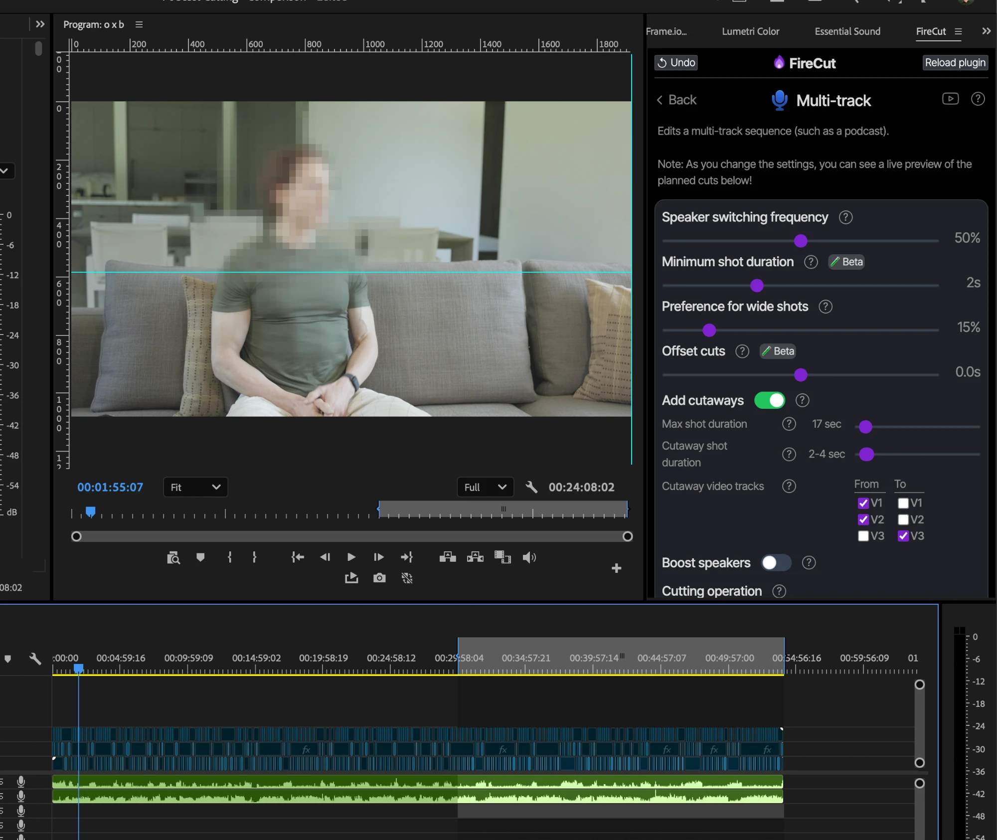 FireCut's Multi-track panel in Premiere Pro, with sliders for switching frequency, shot duration, wide shots, offset cuts and cutaways