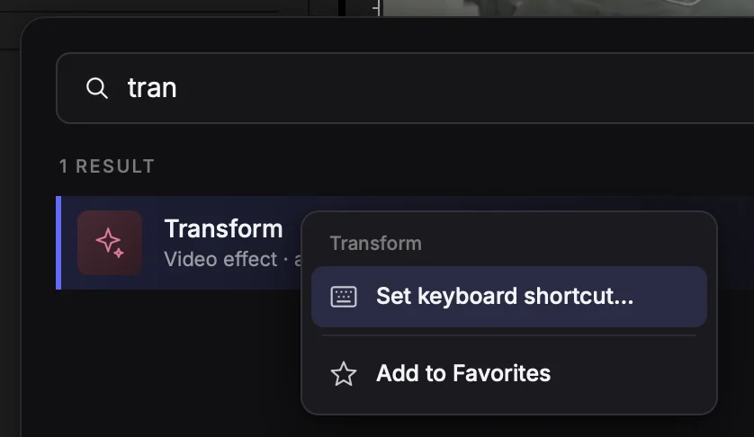 Right-clicking Transform in Cockpit's search, with Set keyboard shortcut and Add to Favorites options